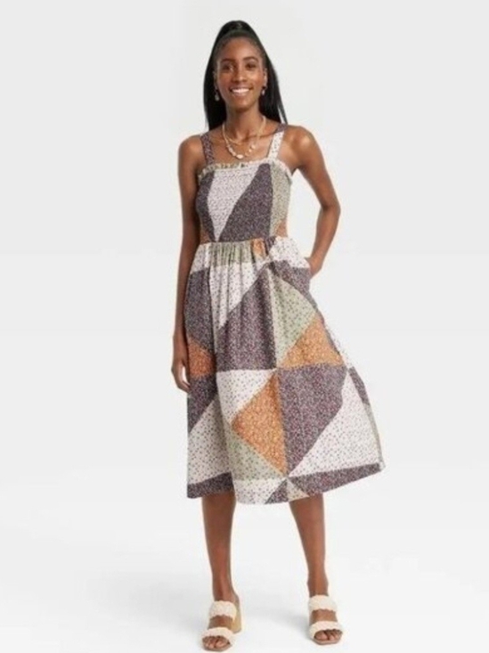 Universal Thread Dresses & Skirts - Universal Thread Patchwork Square-Neck Midi Dress — White, Brown, Orange, Green
